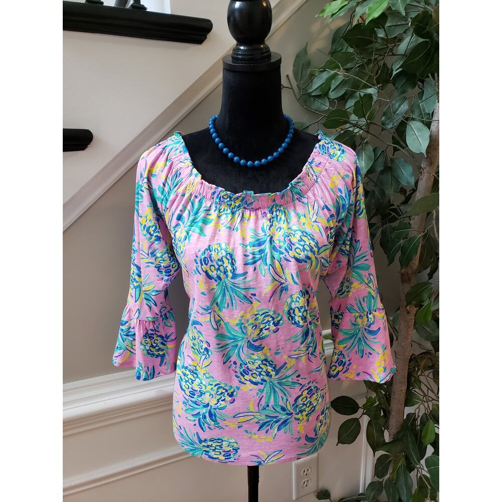 Stella Parker Blouse Top Womens L Pink Floral Flare Sleeve Round Neck Pullover